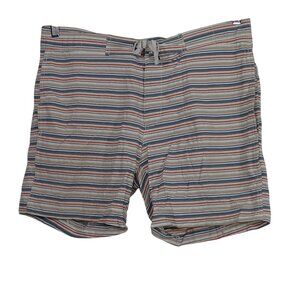 Onia Striped Swim Board Shorts Men Size L Zipper Fly Cream Gray Tan Pockets